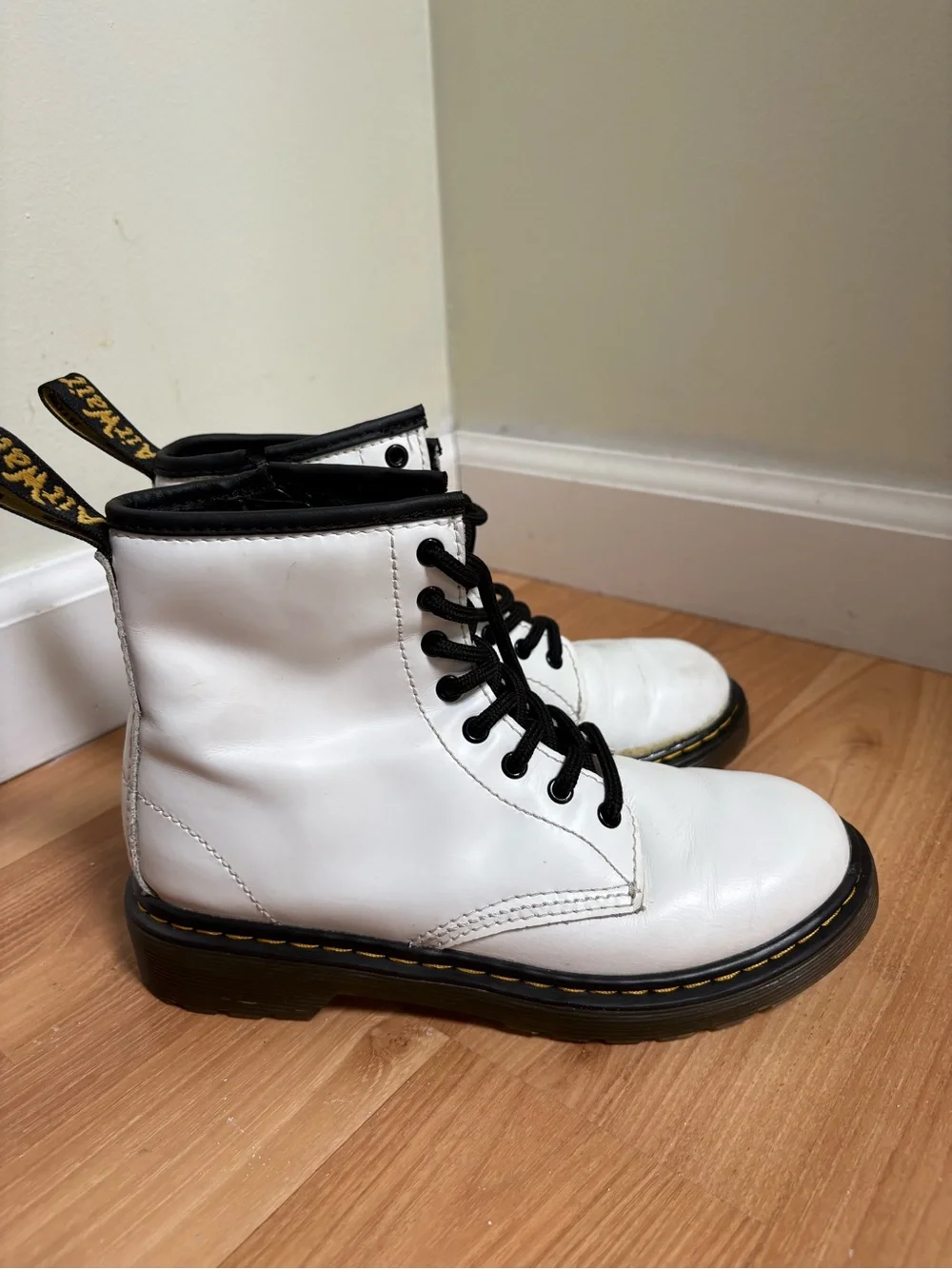 Dr. Martens White Lace-Up Kids Combat Boots with Black Trim